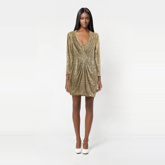 Eliza J Dress Long Sleeve V-Neck Diamond Panel Sequin Cocktail Dress Gold size 8 - Picture 1 of 11